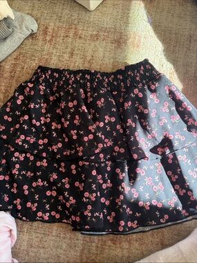 Girls' Black Tiered Skirt with Pink Floral Print